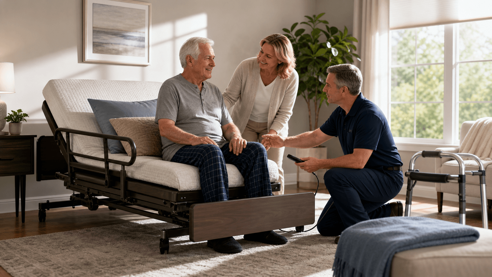Elderly person sitting on an adjustable bed with side rails, warm bedroom lighting and soft beige tones.